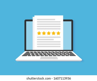 Computer with customer review rating feedback, rating stars icon