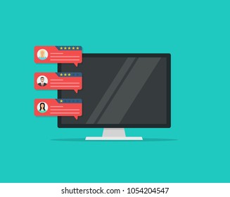 Computer with customer review rating messages , flat cartoon design of desktop pc display and online reviews or client testimonials, feedback, rating stars. Flat design, vector illustration