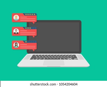 Computer With Customer Review Rating Messages , Flat Cartoon Design Of Desktop Pc Display And Online Reviews Or Client Testimonials, Feedback, Rating Stars. Flat Design, Vector Illustration