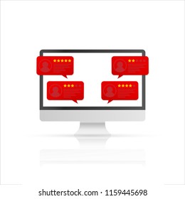 Computer with customer review rating messages. desktop pc display and online reviews or client testimonials, concept of experience or feedback, rating stars. Vector stock illustration.