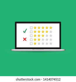 Computer with customer review rating messages vector illustration, flat cartoon design of laptop pc display and online reviews or client testimonials, concept of experience or feedback, rating stars
