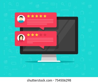 Computer with customer review rating messages vector illustration, flat cartoon design of desktop pc display and online reviews or client testimonials, concept of experience or feedback, rating stars