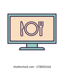 computer with cutlery line and fill style icon design, Food delivery logistics transportation and shipping theme Vector illustration