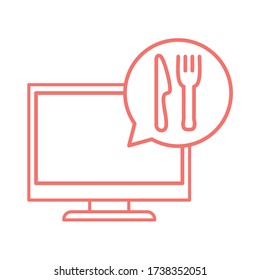 computer with cutlery line style icon design, Food delivery logistics transportation and shipping theme Vector illustration