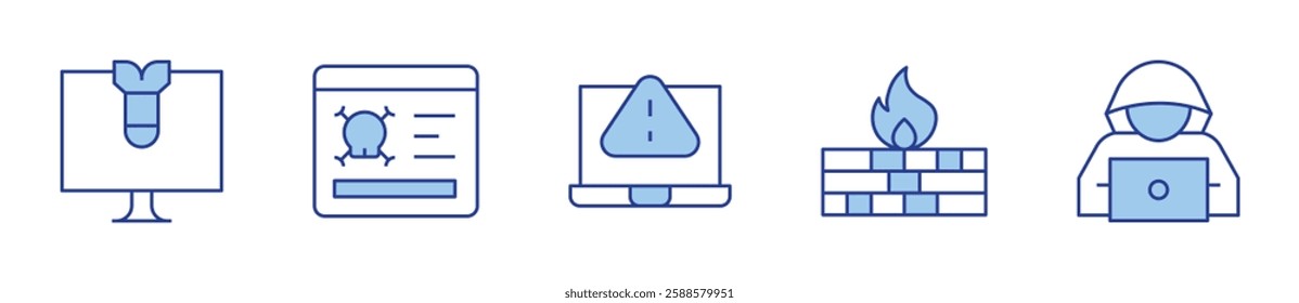computer, cyber attack, firewall, hacked, hacker. Hacker Icon vector illustration. Line Duotone style. Editable stroke.