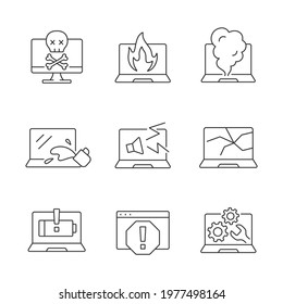 Computer damage linear icons set. Burning notebook. smoke from keyboard. Crashed monitor screen. Customizable thin line contour symbols. Isolated vector outline illustrations. Editable stroke