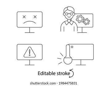 Computer damage outline icons set. Notebook repairs. Computer repair wizard. Customizable linear contour symbol. Editable stroke. Isolated vector stock illustration