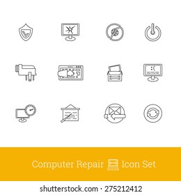Computer damage and repair outline icons