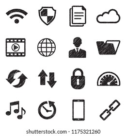 Computer Dashboard Icons. Black Scribble Design. Vector Illustration.