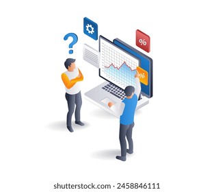 Computer data analysis business company, infographic illustration 3d flat isometric