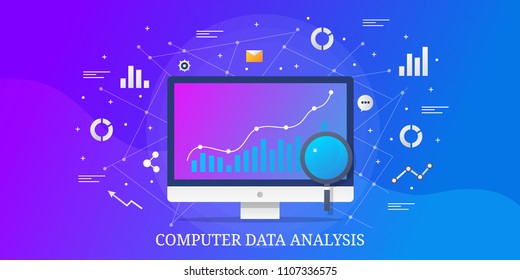 Computer Data analysis - Graph on computer screen - Digital analysis vector banner illustration with icons