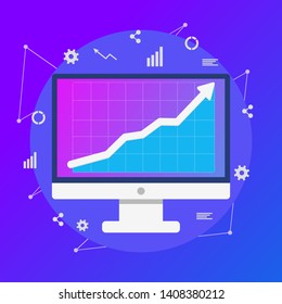 Computer Data analysis - Graph on computer screen - Digital analysis vector banner illustration with icons - Vector