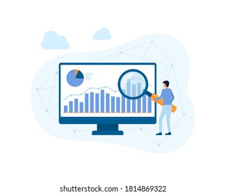 Computer Data analysis, Graph on computer screen - Digital analysis vector banner illustration, person holding a magnifying glass
on computer screen