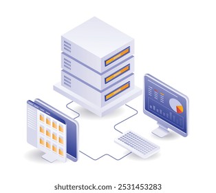 Computer data analysis server technology isometric illustration