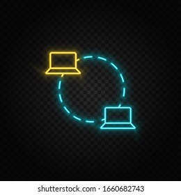 Computer, data. Blue and yellow neon vector icon. Transparent background