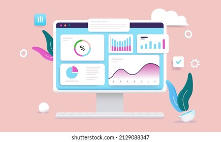 Computer With Data Dashboard On Screen - Desktop Monitor With Infographics, Charts And Graphs On Cartoon Vector Illustration