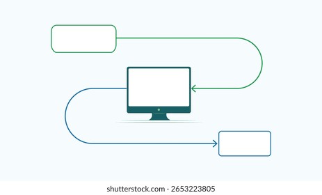 Computer data flow infographic vector illustration. Modern design with arrows, connections, and blank text boxes. Perfect for technology, IT, business, workflow, process, web, app, and creative design
