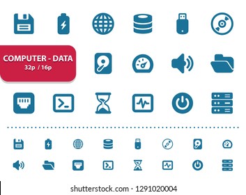 Computer - Data Icons. Professional, pixel perfect icons, EPS 10 format, optimized for 32p and 16p (2x magnification for preview).
