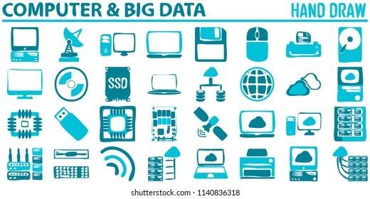 computer, data network hand draw vector icon set. device, laptop, big data, router, server .