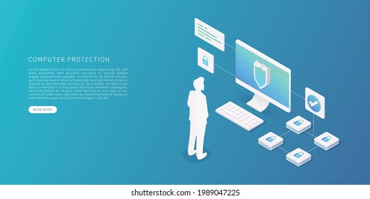 Computer data protection concept in flat isometric vector illustration. Data security with desktop computer, person, data, security system. Vector illustration.