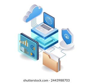 Computer data security cloud server artificial intelligence concept, flat isometric 3d illustration