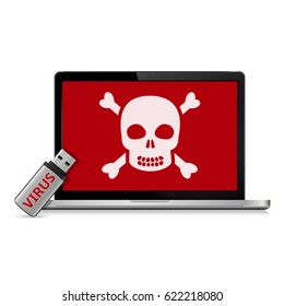 Computer data security concept. USB flash drive with computer virus and infected laptop