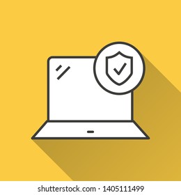Computer data security vector icon with long shadow. Simple illustration isolated on yellow background for graphic and web design.