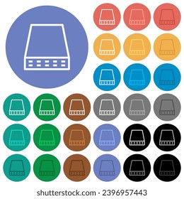 Computer data storage outline multi colored flat icons on round backgrounds. Included white, light and dark icon variations for hover and active status effects, and bonus shades.