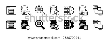 Computer data technology or database thin line icon set. Containing browsing, history, clear, searching, settings, remove, and switch of cache. Vector illustration