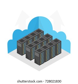 Computer database cloud servers. 3d telecommunication towers. Vector illustration.