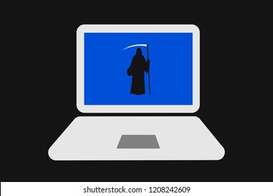 Computer and death as Blue Screen of Death. Operating system is not working on the computer after error and collapse of software. Problem, trouble and breakdown of laptop. Vector illustration