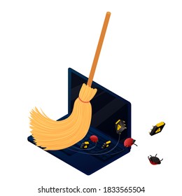 Computer debugging concept. Broom cleaning laptop from bugs and viruses. Isometric vector illustration data protection, information security.