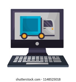 computer with delivery truck isolated icon