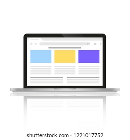 Computer with a depicted site on the Internet on the screen. White background and shadow.