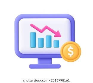 Computador e gráfico descendente com seta para baixo, moeda com sinal de dólar. Crise econômica, falência, diminuição do comércio, negócio e conceito de risco financeiro.ícone vetor 3d. Desenho animado mínimo