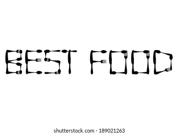 computer design, cartoon, vector, illustration of title "best food" made of cutlery