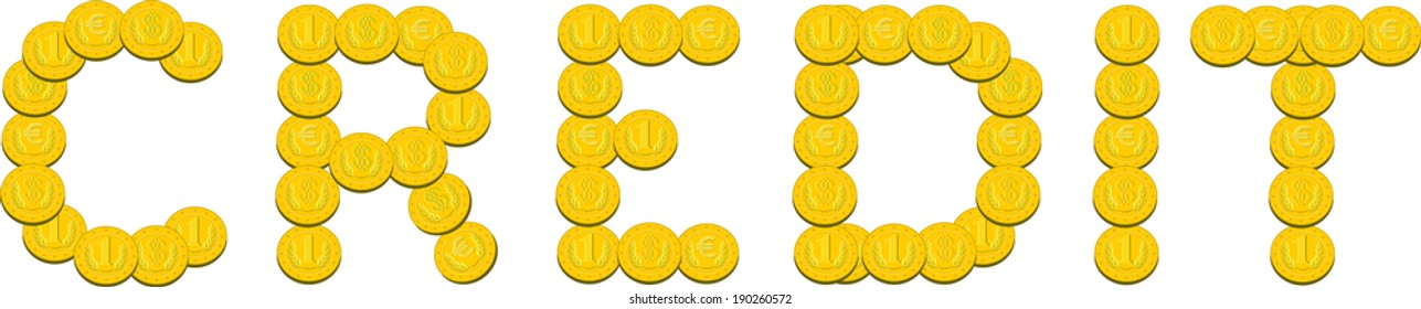 computer design, cartoon, vector, illustration of credit inscription composed of coins