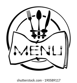 computer design, cartoon, vector, illustration of title menu made of cutlery on the plate