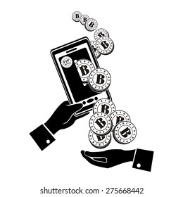 computer design, cartoon, vector, illustration of bitcoin, internet P2P currency