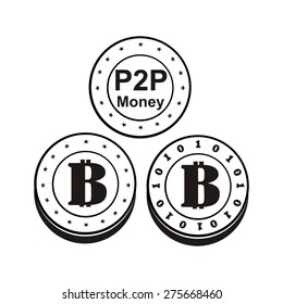 computer design, cartoon, vector, illustration of bitcoin, internet P2P currency