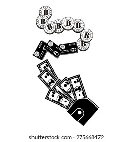 computer design, cartoon, vector, illustration of bitcoin, internet P2P currency