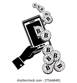 computer design, cartoon, vector, illustration of bitcoin, internet P2P currency