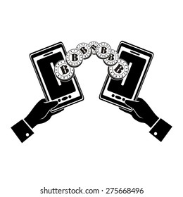 computer design, cartoon, vector, illustration of bitcoin, internet P2P currency