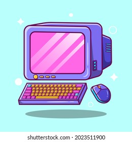 Computer Design with keyboard and mouse vector illustration. Technology Themed Icon Illustration Isolated on Blue Background.  Good for a Workspace mascot, Office Icon, emoticons, sticker.