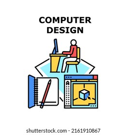 Computer Design Vector Icon Concept. Computer Design Designer Developing In Digital Software, Planning And Drawing In Notebook. Artwork And Creative Idea Development Color Illustration