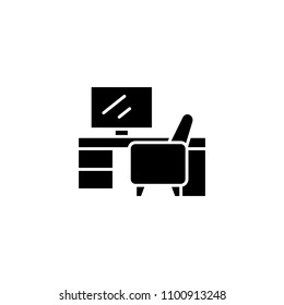 Computer desk black icon concept. Computer desk flat  vector symbol, sign, illustration.