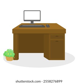 computer and desk. black computer and wooden desk. workspace. study room. computer setup. minimalist space. comfortable place. office. freelance. vector illustration