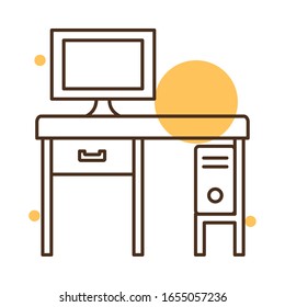 computer desk block and line style icon design, Home room decoration interior living building apartment and residential theme Vector illustration