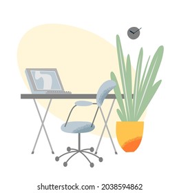 Computer desk and chair, business office or home furniture vector illustration. Cartoon front view of modern empty workplace, comfortable armchair for boss, clerk, corporate employee isolated on white