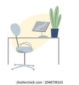 Computer desk and chair, business office or home furniture vector illustration. Cartoon front view of modern empty workplace, comfortable armchair for boss, clerk, corporate employee isolated on white